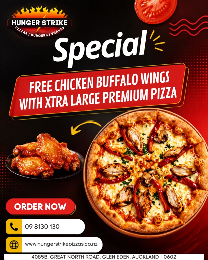 Free chicken buffalo wings with xtra large premium pizza